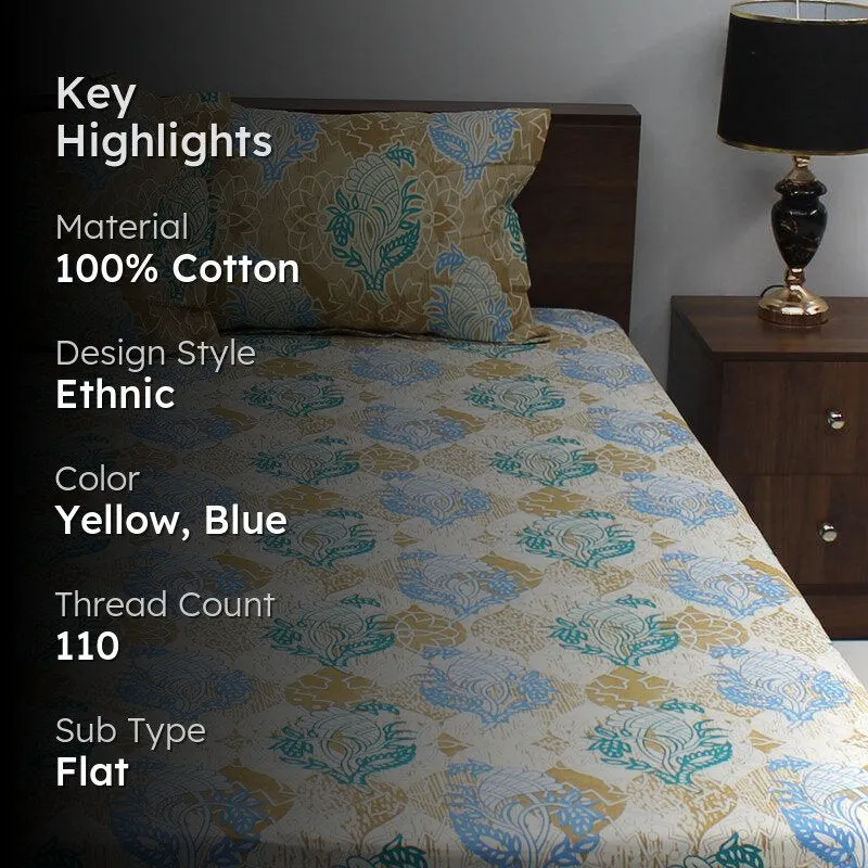 Wishi Ethnic Cotton Bedsheet (Yellow,Blue) - 110 TC media 2