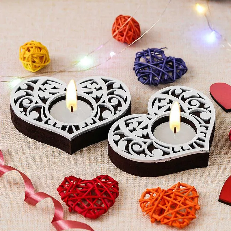 Intricate Heart Wood Tea Light Holder (Black) - Set Of Two media 1