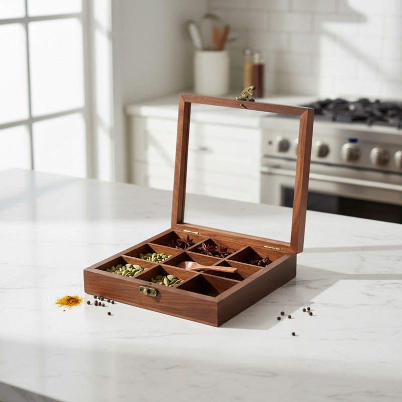 Aroma Sheesham Wood Rectangle Masala Box - Two Piece Set