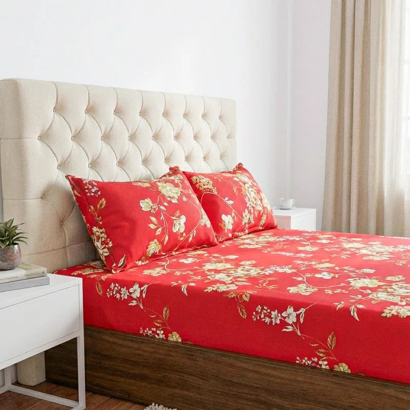 Layla Floral Neon Print Cotton Bedsheet (Red) - 144 TC media 3