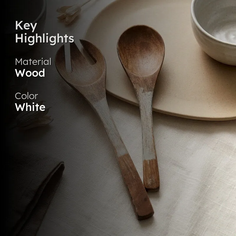 Wooden salad spoon set with white accents shown with key highlights overlay