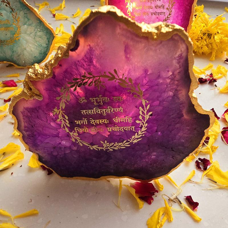 Festive Gayatri Mantra Agate Tealight Candle Holder - Purple media 3