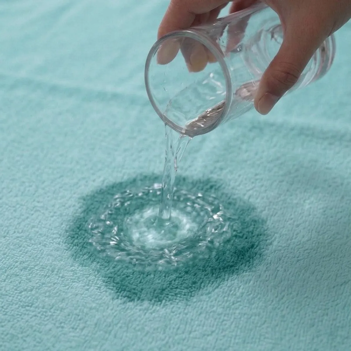 Water being poured onto the absorbent surface of a sea-green towel