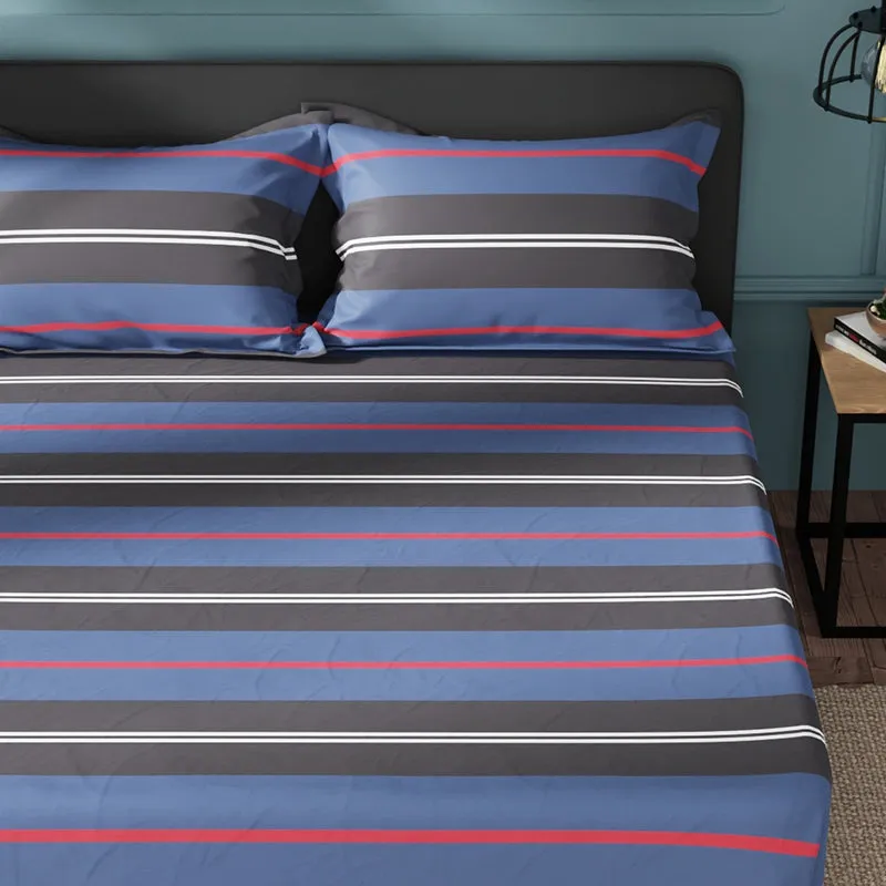 Close view of the blue, charcoal, white and red striped bedding design