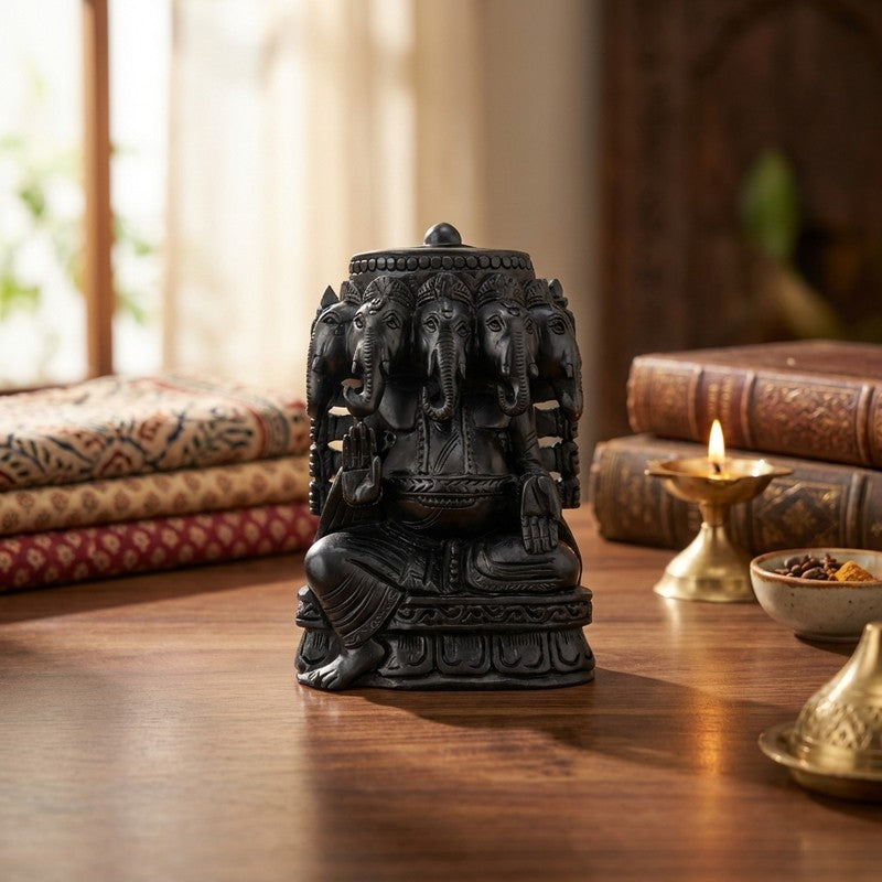 Panchamukhi Lord Ganesh Ebony Wood Idol