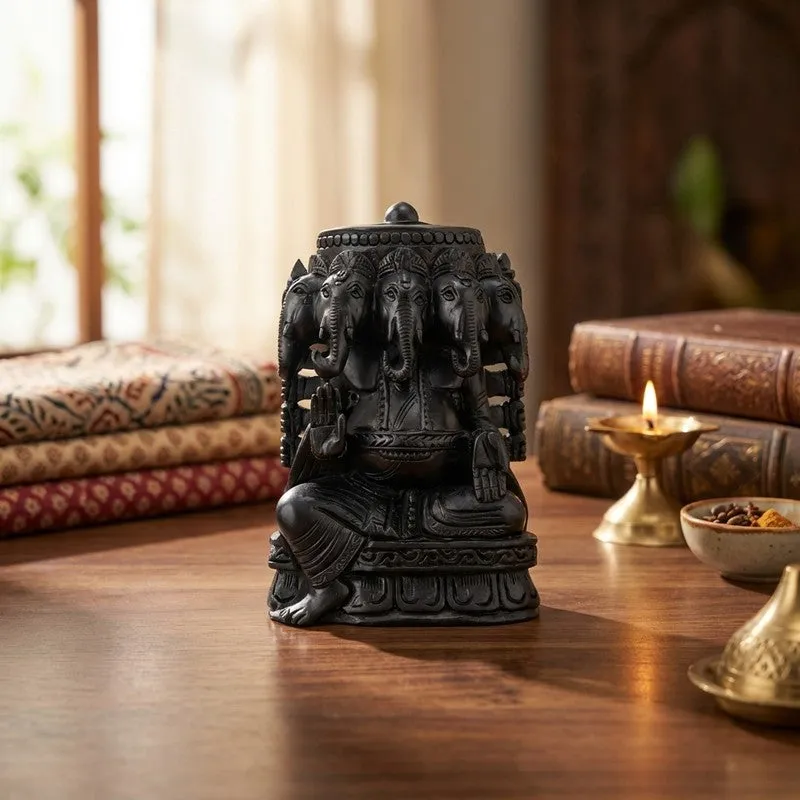 Panchamukhi Lord Ganesh Ebony Wood Idol media 1