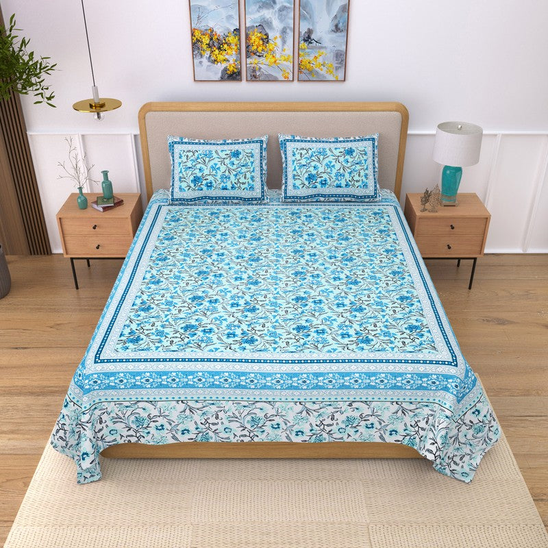 Linexa Floral Cotton Bedsheet (Blue) - 240 TC