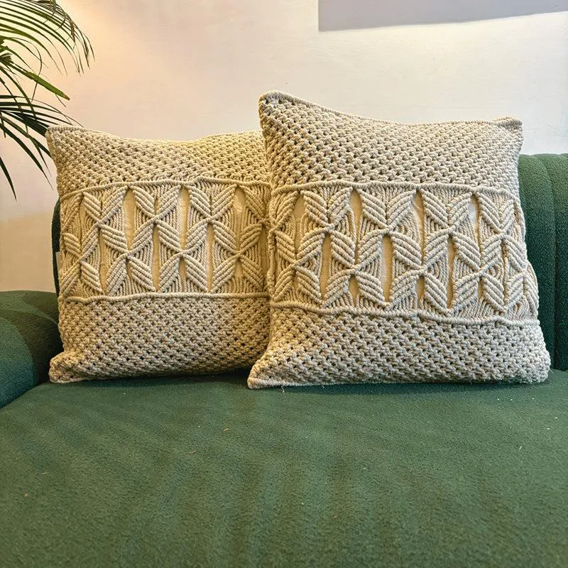 Studio String Macrame Knotwork Cotton Cushion Cover - Set Of Two media 1