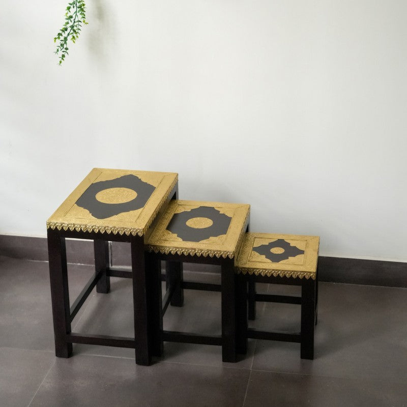 Ozyra Decorative Mango Wood Stool - Set Of Three