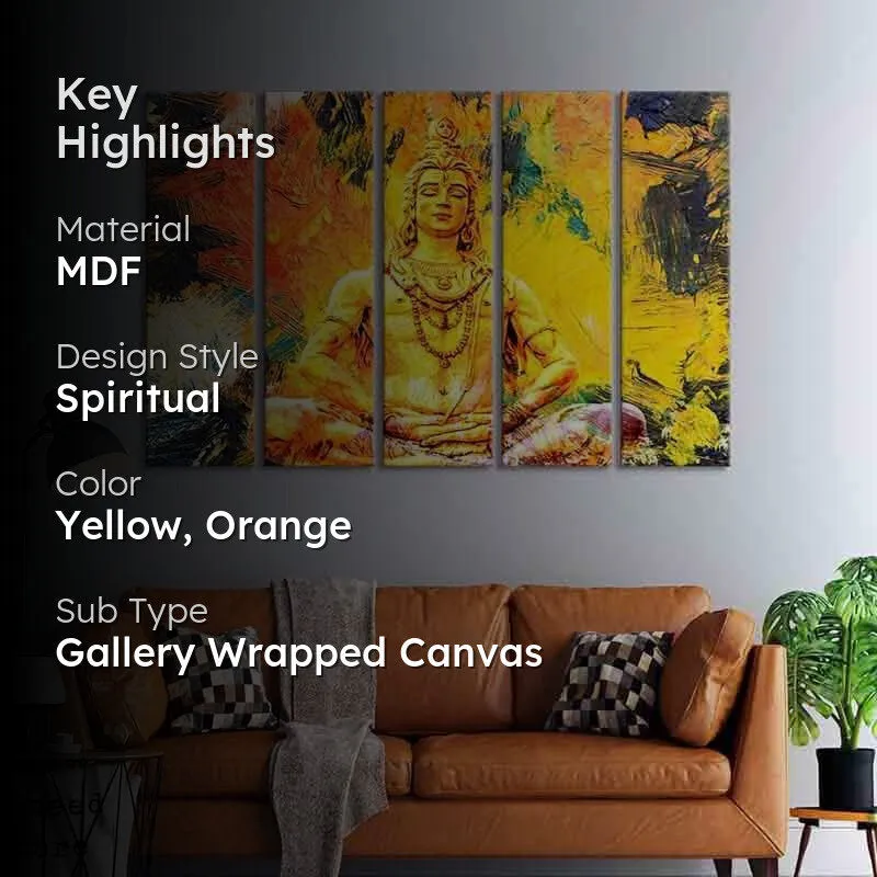 Styled room scene showing five-panel spiritual wall art in warm tones