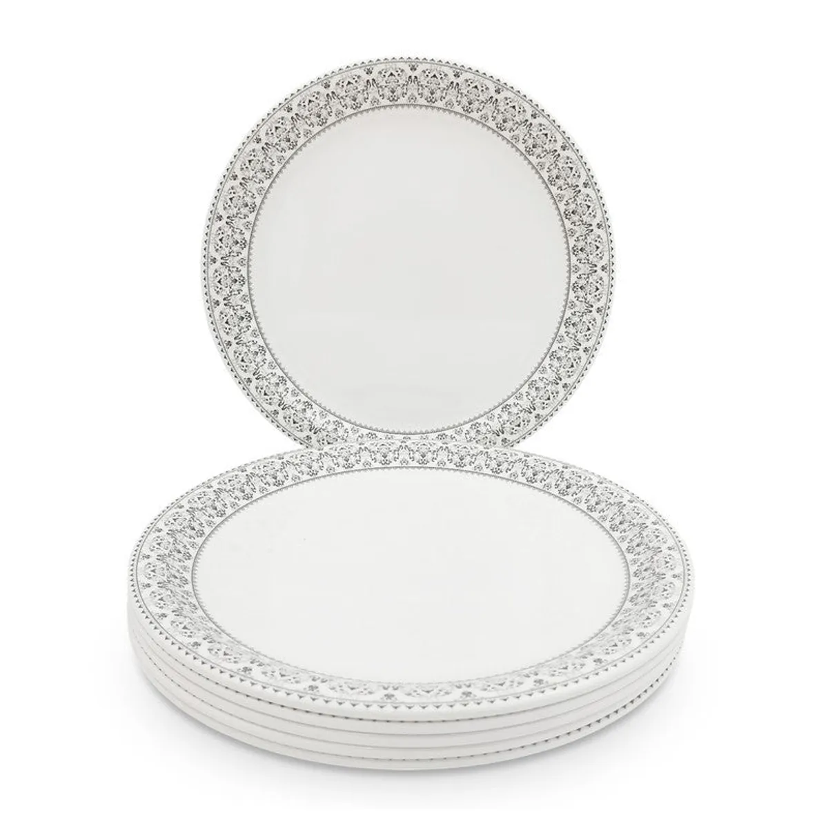 Stack of white quarter plates with decorative grey borders shown from the front
