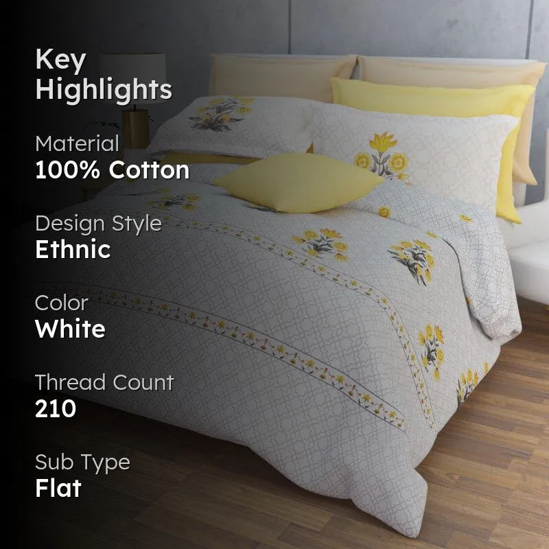 Neja Ethnic Floral Cotton Bedsheet (White,Yellow) - 210 TC media 2