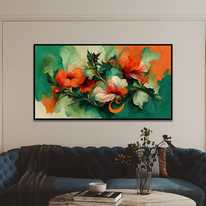 Verdant Flames Floral Canvas Wall Painting With Frame - Black