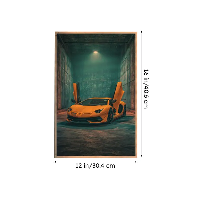 Single poster featuring a yellow sports car with a visible white border