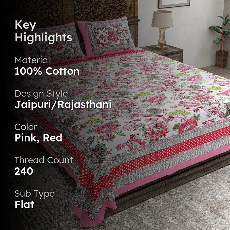 Tonear Cotton Bedsheet (Pink,Red) - 240 TC media 2