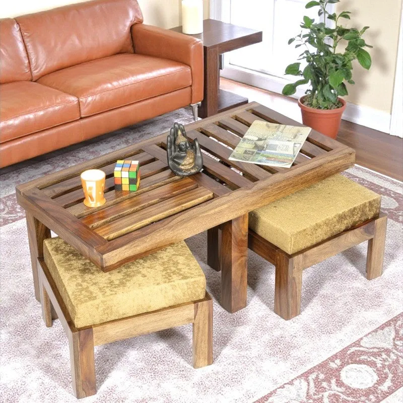 Dravon Sheesham Wooden Center Table with Stools (Brown,Gold) - Five Piece Set media 1