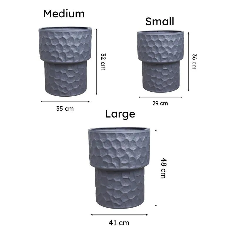Size comparison showing Small, Medium and Large grey planters