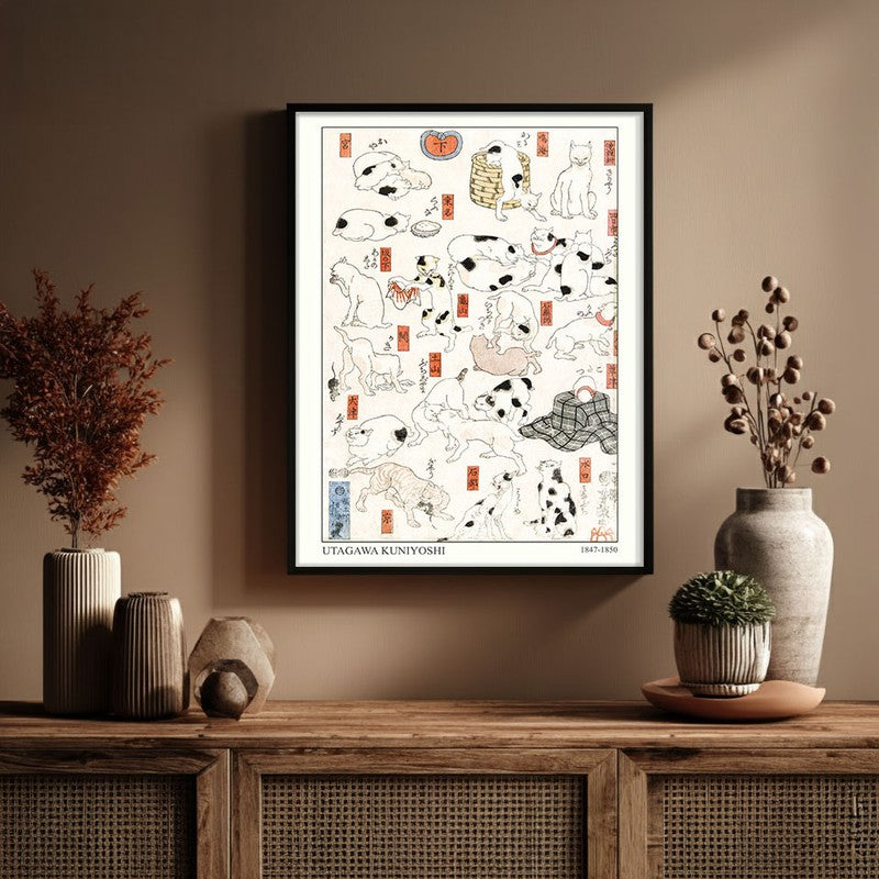 Cats Utagawa Kuniyoshi Archival Canvas Wall Painting - Black Frame