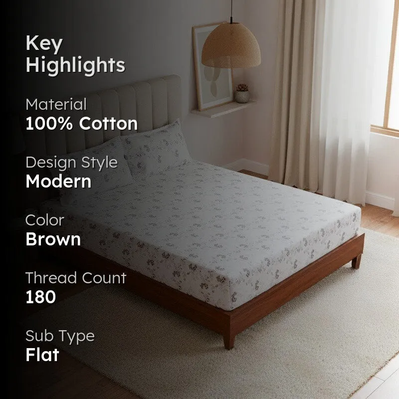 Nivara Floral Cotton Bedsheet (White,Coffee) - 180 TC media 2