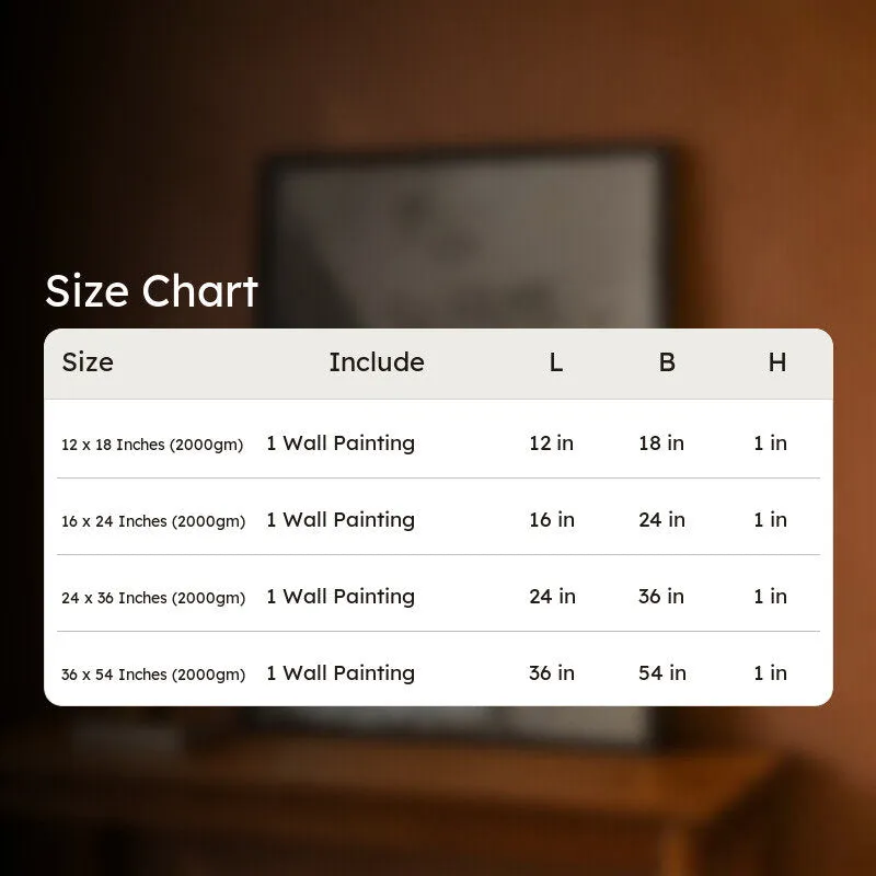 Blurred background with a framed wall painting behind a size chart graphic