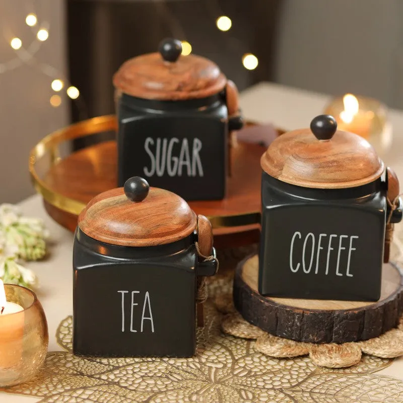 Midnight Muse Ceramic Storage Jar with Mango Wood Lid (1000 mL Each) - Set Of Three media 1