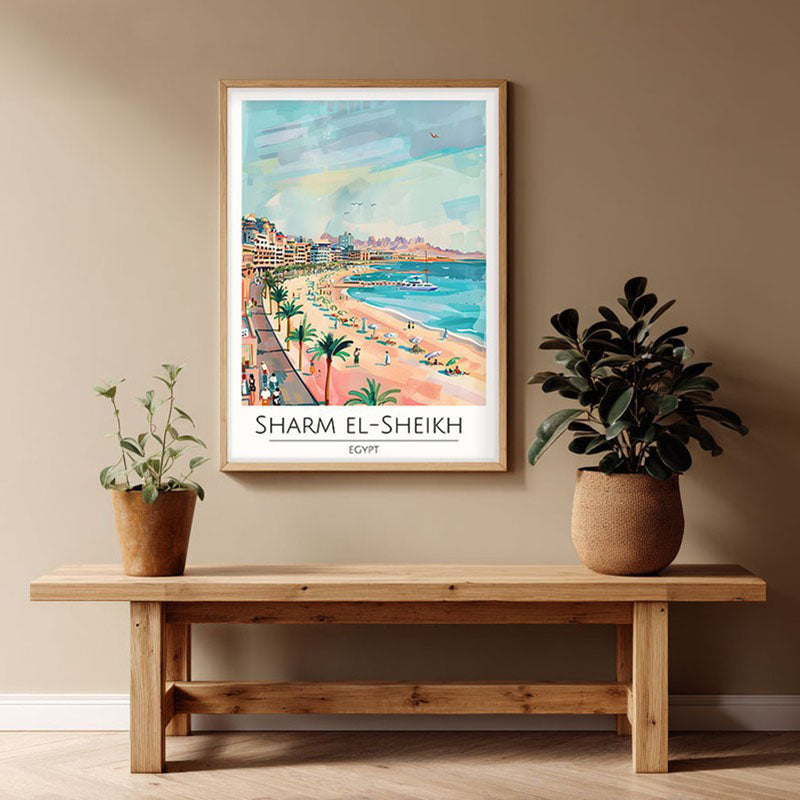 Vintage Sharm El-Sheikh Framed Canvas Archival Canvas Wall Painting - Natural Brown Frame