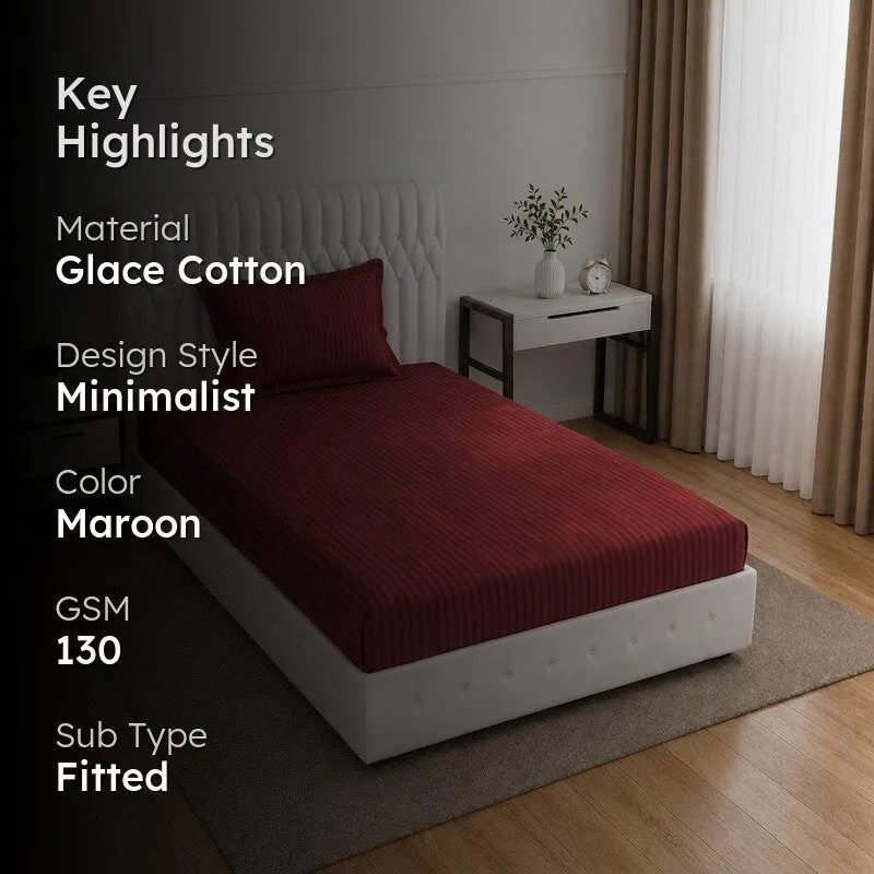StripeScape Glace Cotton Fitted Bedsheet (Maroon) - 130 GSM - 2