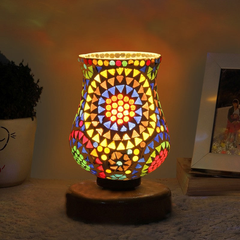 Glora Mosaic Glass Table Lamp With Wooden Base - Multicolor