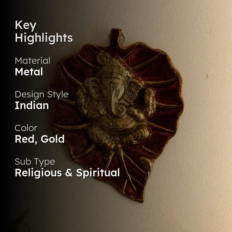 Lord Ganesha On Red Leaf Idol Metal Wall Accent media 2