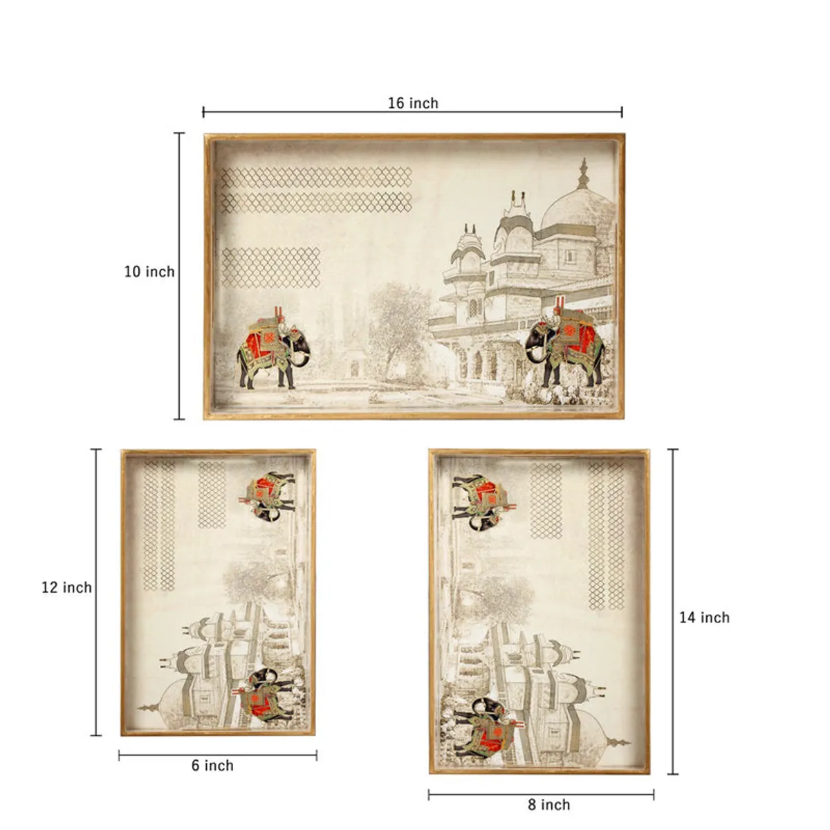 Dimension diagram showing the three rectangular serving trays in different sizes