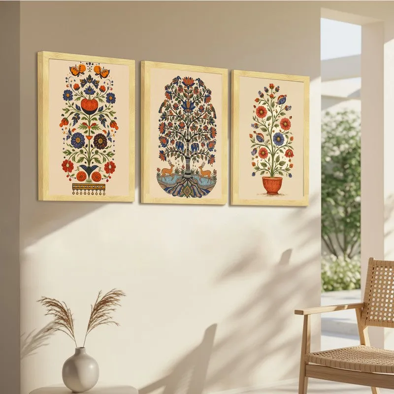 Indian Folk Floral Paper Wall Painting With Frame - Set Of Three media 6