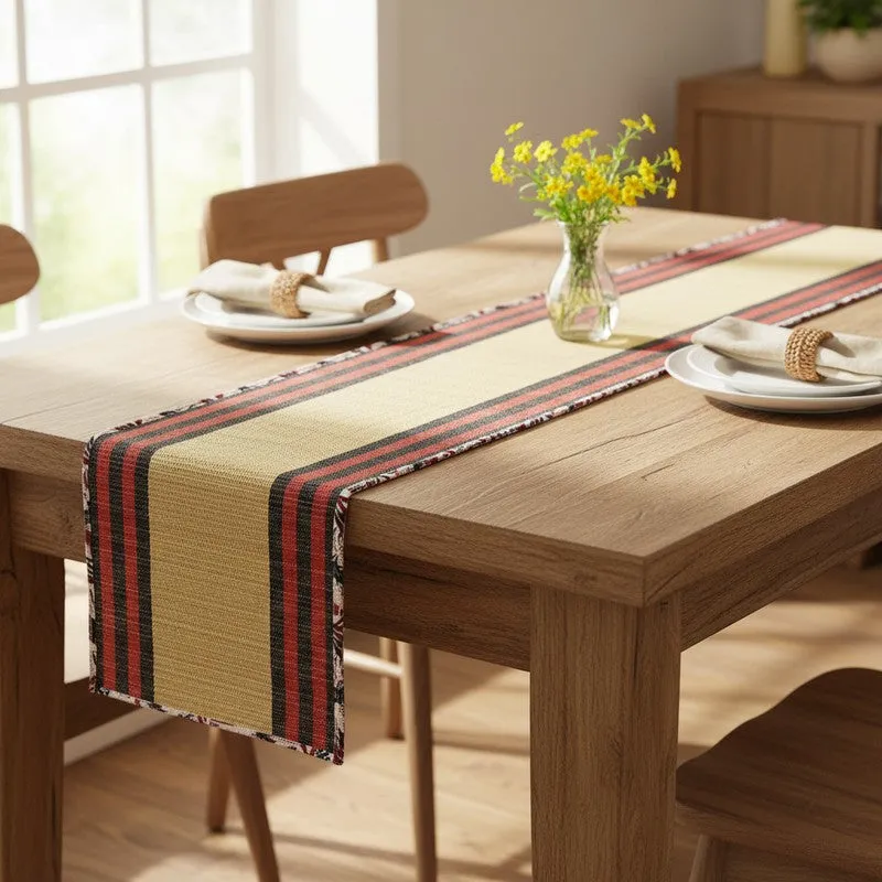 Bamboo table runner with striped border arranged on a wooden dining table
