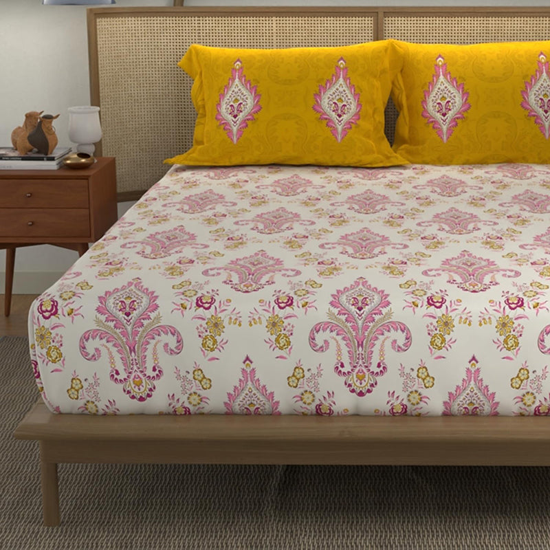 Urban Space Lyssa Cotton Bedsheet (Yellow,Pink) - 144 TC media 4