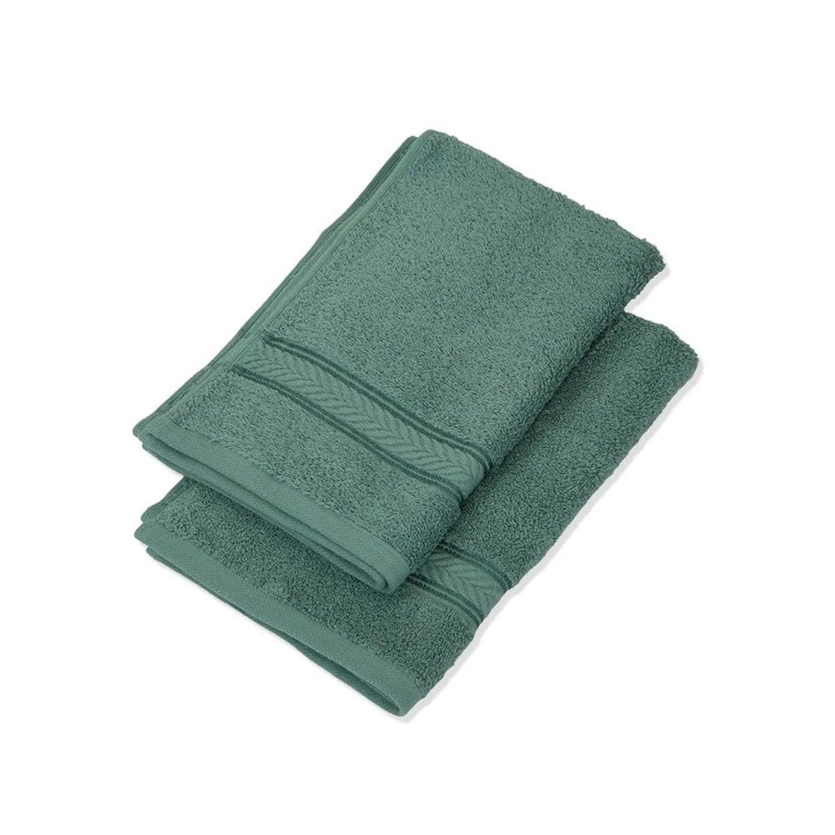 Stack of two folded green hand towels with textured borders