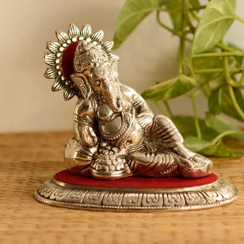 Lord Ganesha Metal Resting Idol - Silver & Red media 1
