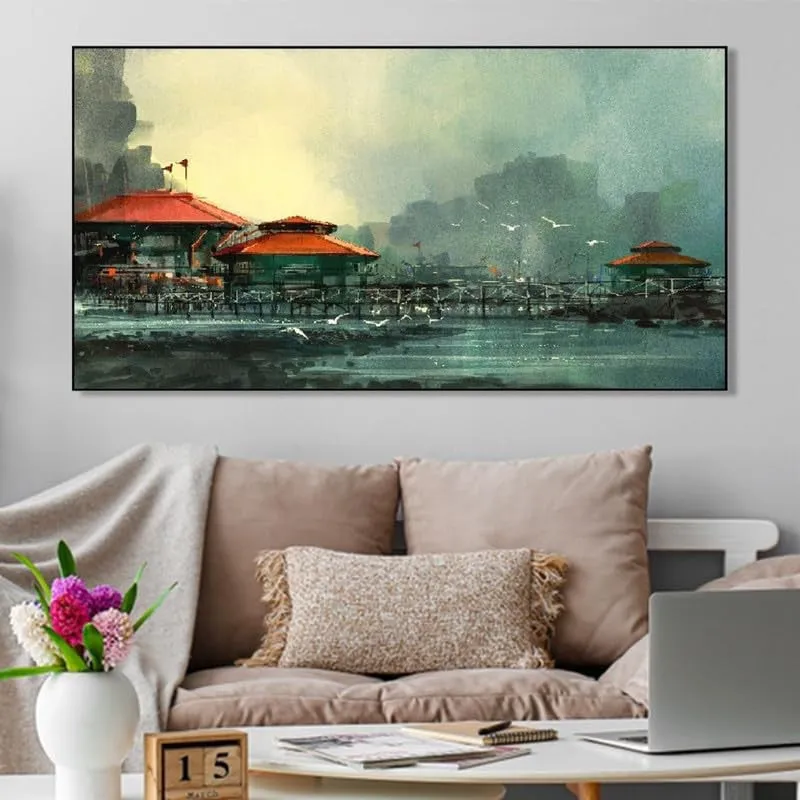 Misty Harbor Retreat Canvas Wall Painting With Frame media 3