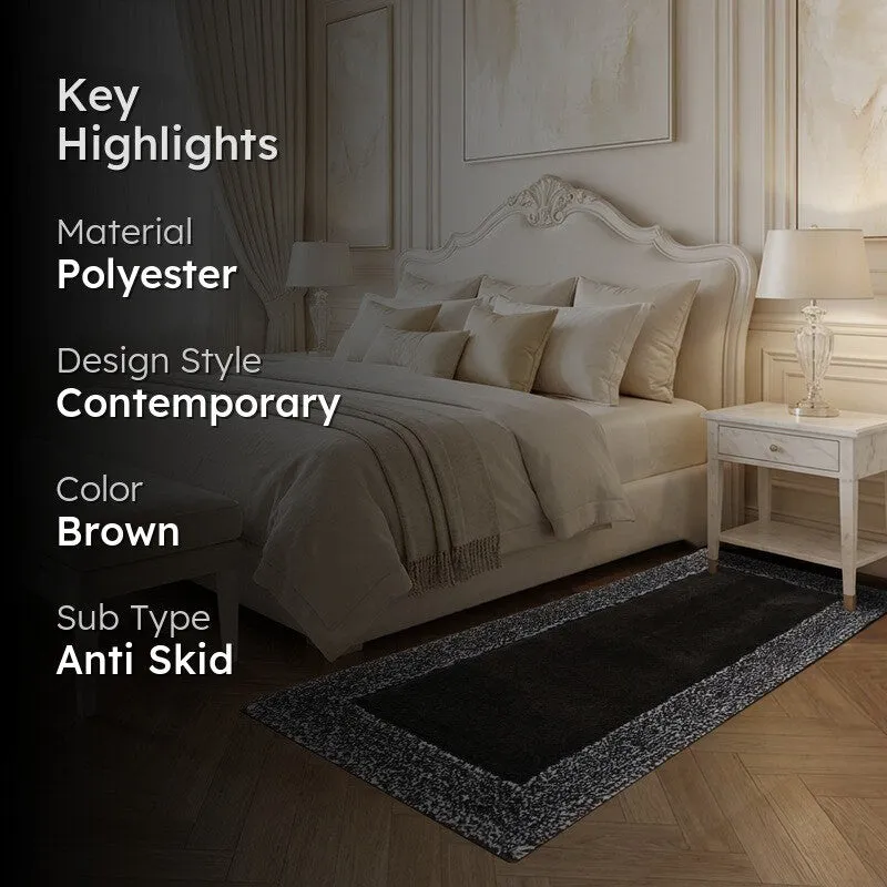 Brown runner rug styled in a bedroom with product highlight text overlay