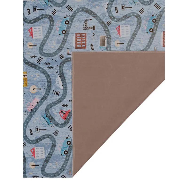Corner view of blue patterned carpet with plain underside