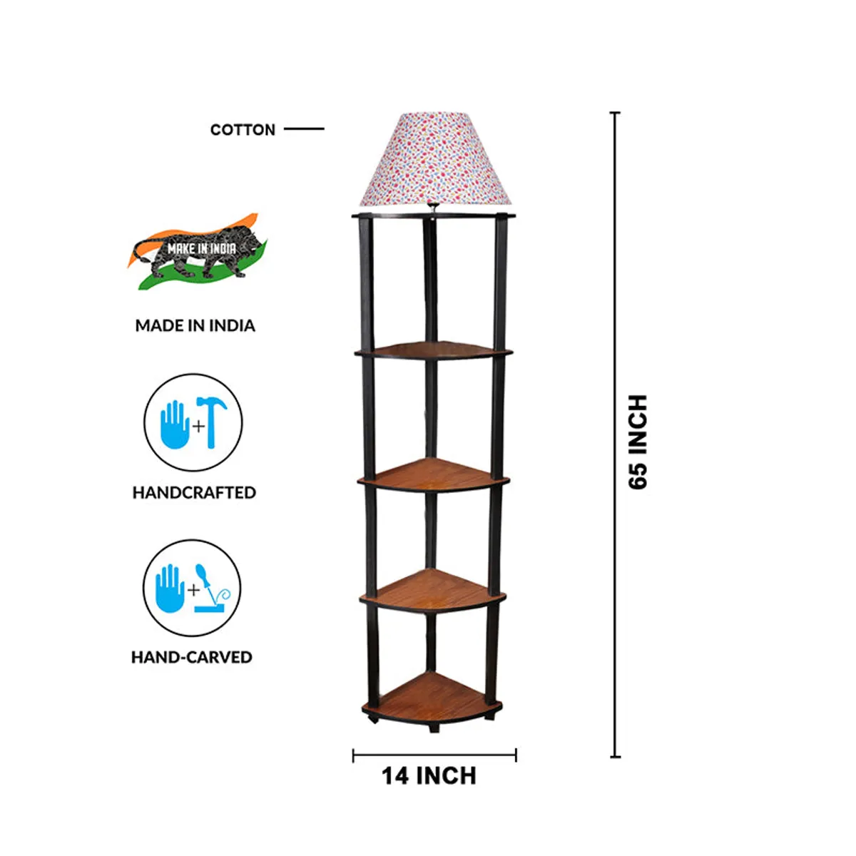 Floor lamp with printed shade and corner shelves shown with size graphic