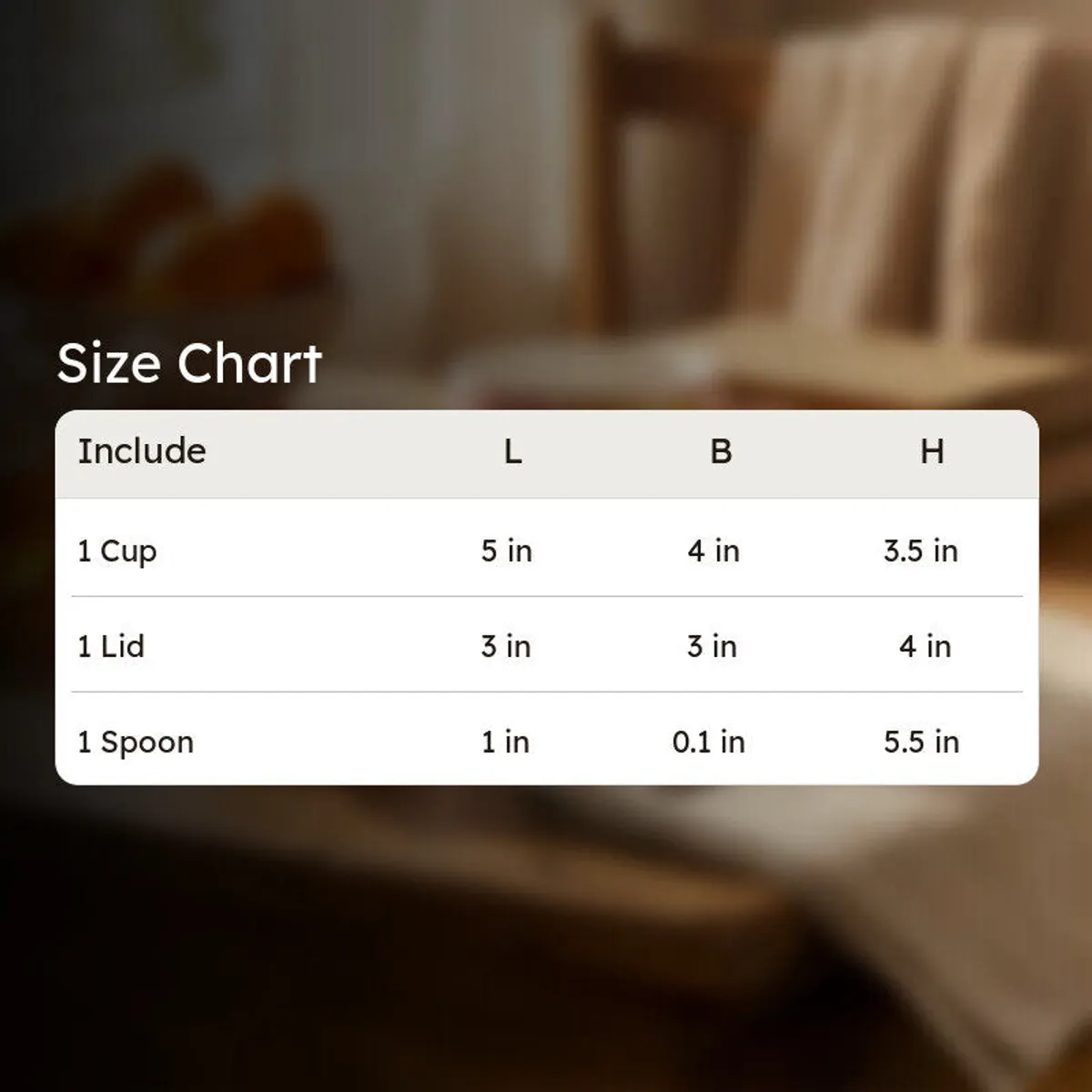Size chart image for cup, lid and spoon