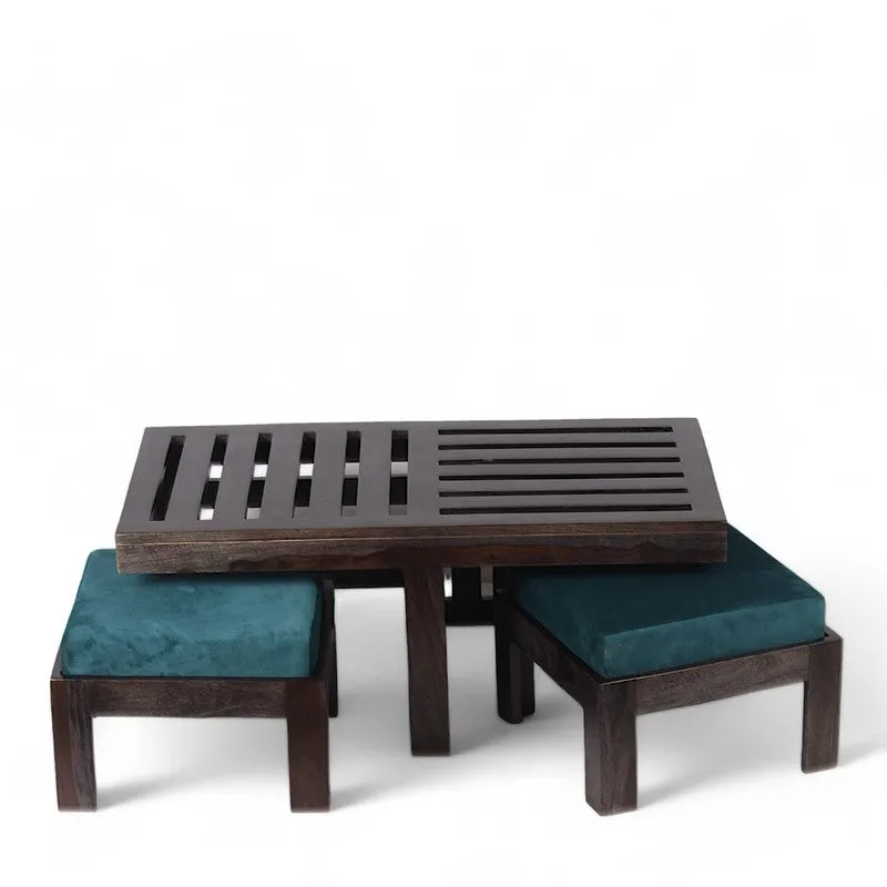Zavro Sheesham Wooden Center Table with Stools (Deep Brown,Blue) - Five Piece Set media 4
