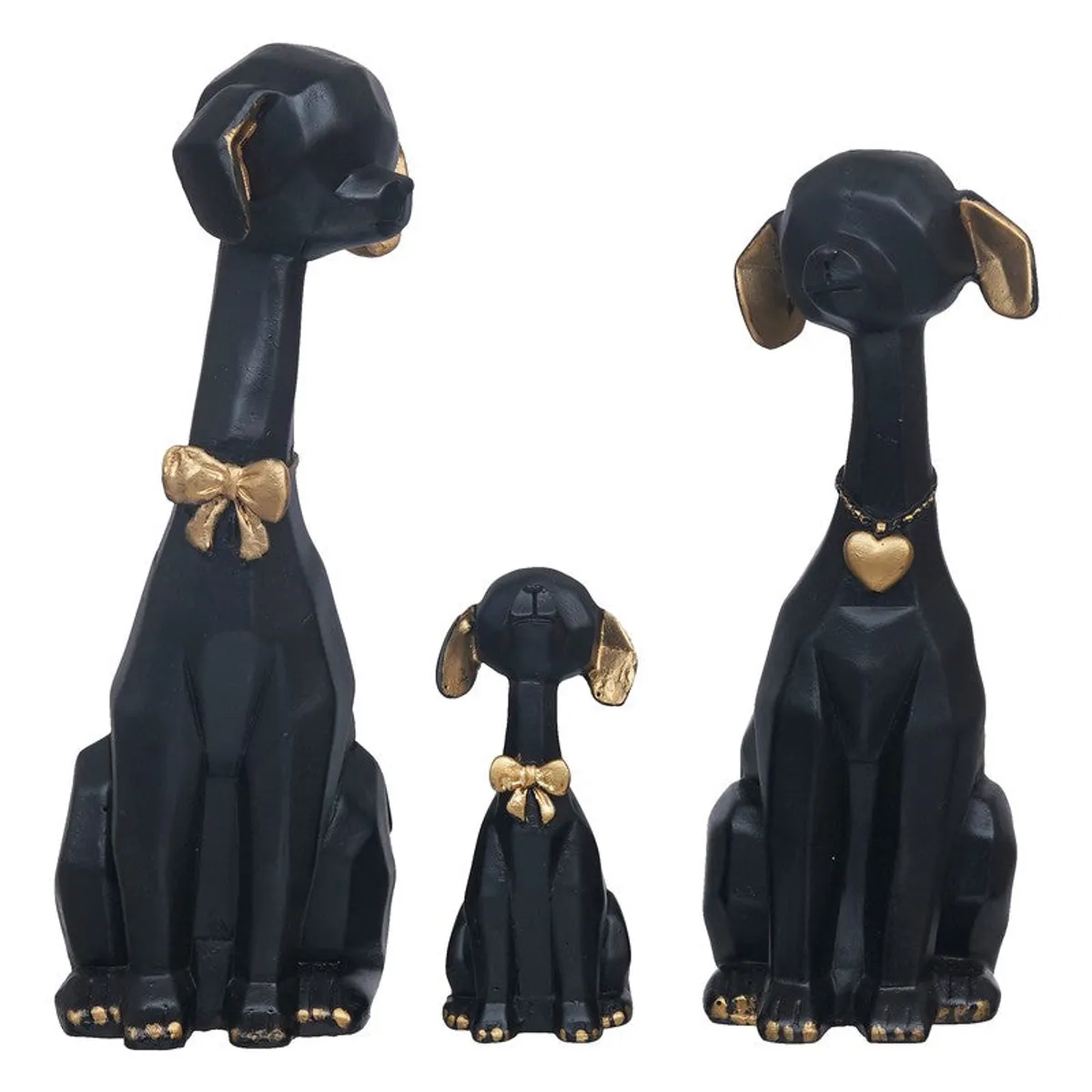 Three geometric black dog figurines with gold accents on white background