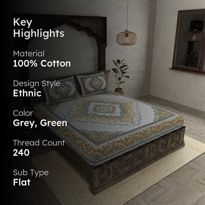 Chaitri Ethnic Cotton Bedsheet (Grey,Green) - 240 TC media 2