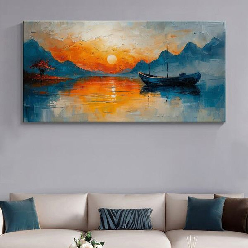 Ocean Sunset And Solitary Boat Wall Painting