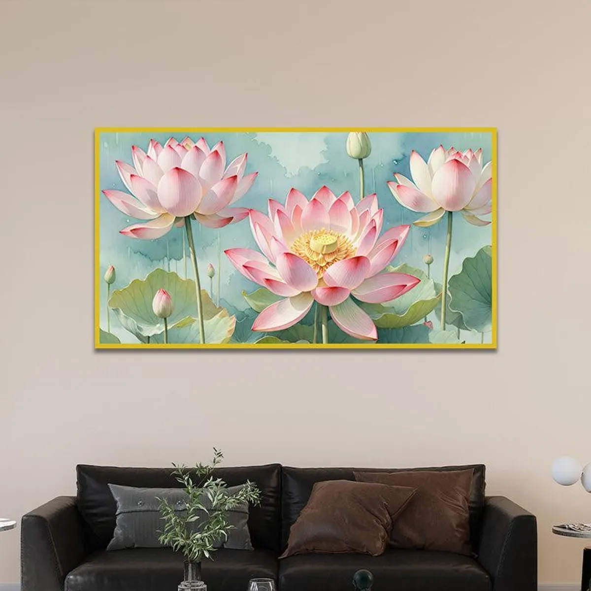 Lotus floral framed canvas wall painting styled above a black sofa