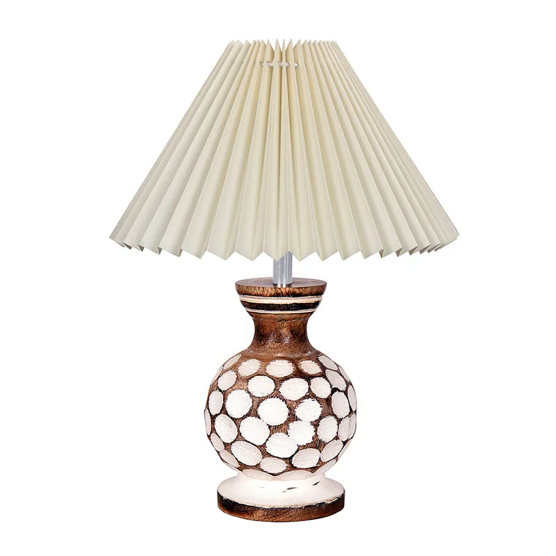 French Pleat Bubble Wooden Table Lamp - Ivory,Brown,White media 3