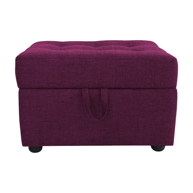 Front view of purple storage ottoman with pull tab
