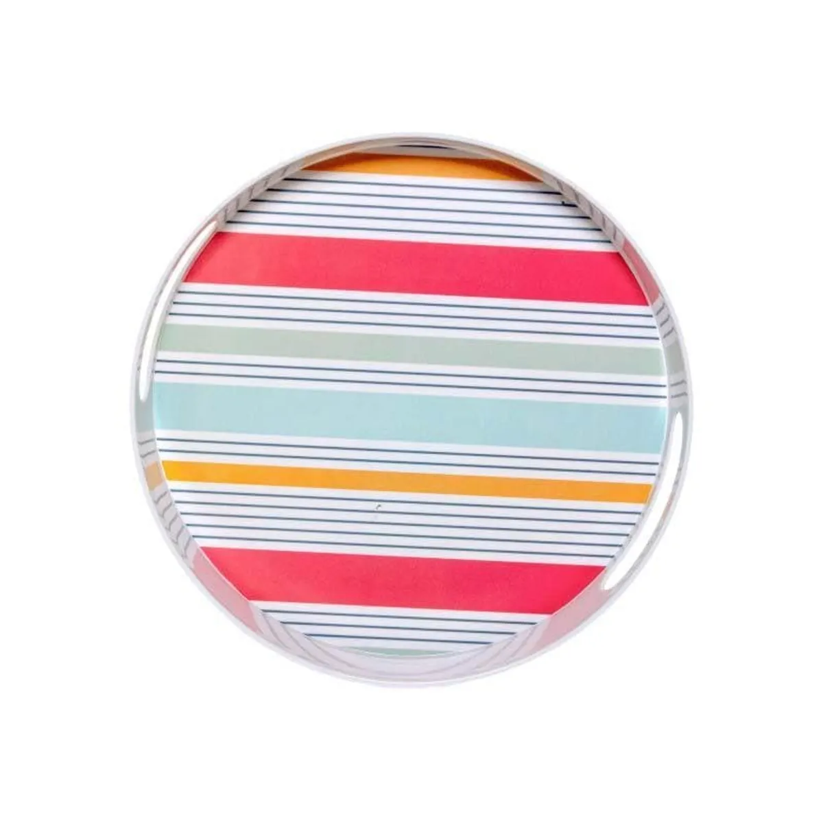 Top view of a round serving tray with bold multicoloured horizontal stripes