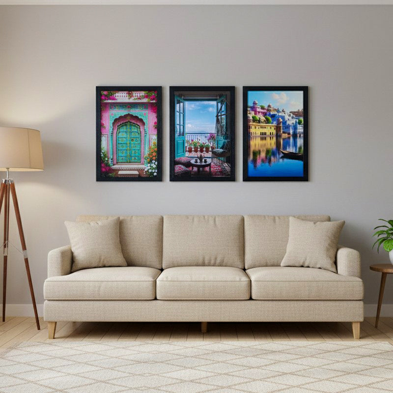Vibrant Doorways & Cityscape Wall Painting With Frame - Set Of Three