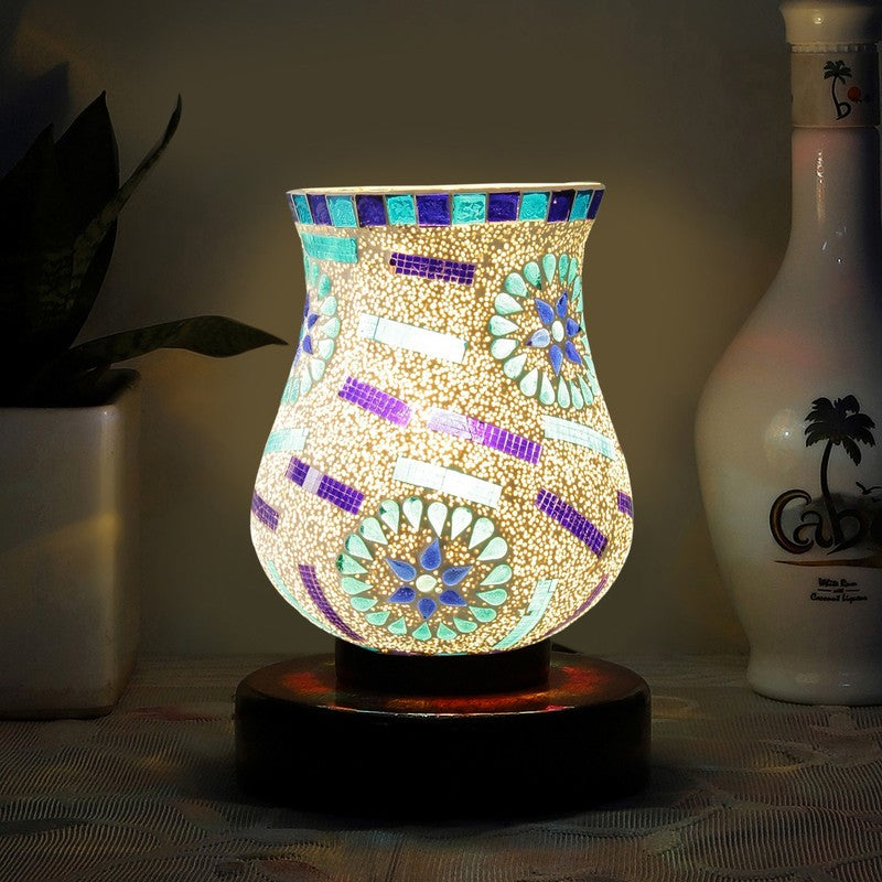 Skylyn Mosaic Glass Table Lamp With Wooden Base - Multicolor